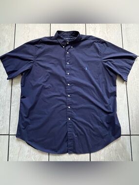 Mens Ralph Lauren Blue Tag Navy Blue Short Sleeve Button-Down Dress Shirt
